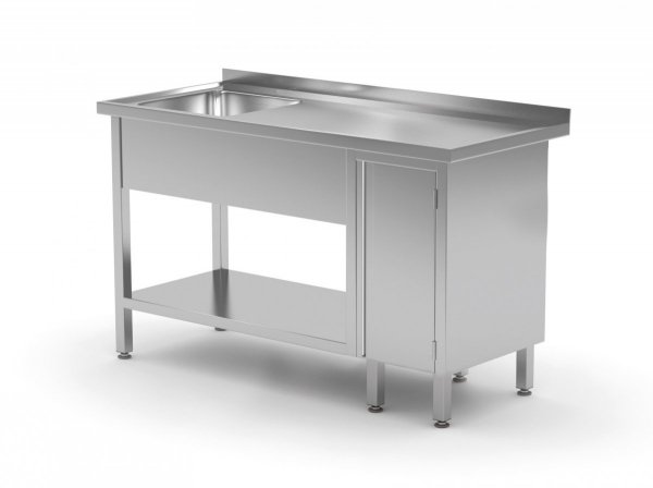 Stół ze zlewem, półką i szafką z drzwiami na zawiasach - komora po lewej stronie 1600 x 600 x 850 mm POLGAST 216166-L 216166-L