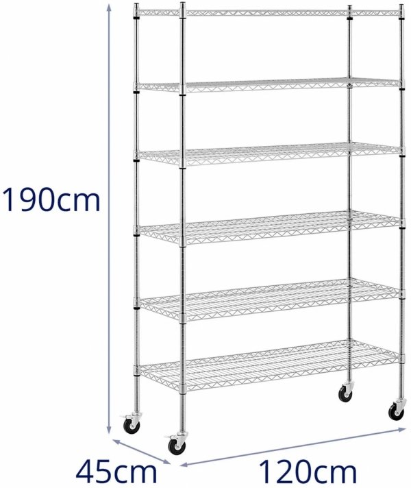 Regał metalowy - 120 x 45 x 190 cm - 90 kg - 4 kółka - Royal Catering RCMR-1800P49 10012531 4062859074331