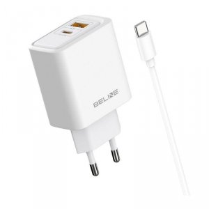 Ładowarka sieciowa Beline 45W 1xUSB-C + 1xUSB GaN PD 3.0 QC 3.0 + kabel USB-C/USB-C - biała