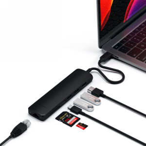 Satechi Slim Multiport USB-C - adapter do urządzeń mobilnych (USB-C PD, 2x USB-A, HDMI 4K, Ethernet, czytnik kart micro/SD) (bla