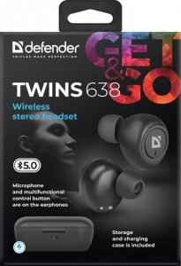 DEFENDER SŁUCHAWKI BEZPRZEWODOWE Z MIKROFONEM TWS TWINS 638 CZARNE 63638