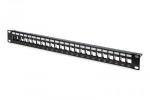 Digitus Panel krosowy (patch panel) modularny 19 24 porty pod moduły keystone, 1U, ekranowany, prowadnica kabli, pola opis