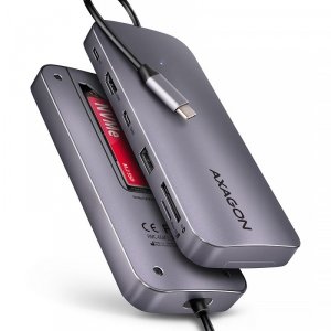 AXAGON HMC-6GM2 Wieloportovy hub USB 6in1, 10Gbps, USB-A, USB-C, HDMI 4K/60Hz, M.2 NVMe/SATA, SD/microSD, PD 100W, 20cm USB-C ka