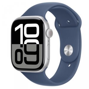 Apple Watch Series 10 GPS + Cellular, koperta 46 mm z aluminium w kolorze srebrnym z paskiem sportowy w kolorze denim - rozmiar 