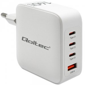 Qoltec Ładowarka sieciowa 140W GaN | 5-20V | 2.5-5A | 3xUSB-C PD | 1xUSBQC 3.0 | Biała
