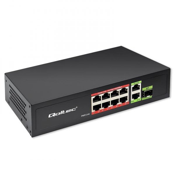 Switch niezarządzalny Qoltec przełącznik sieciowy FAST Ethernet 8x RJ45 PoE 2x RJ45 Uplink 1x SFP | 120W | 1000 Mb/s