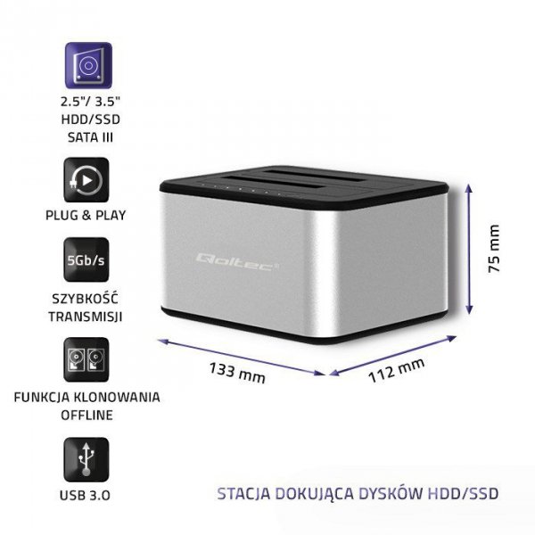 QOLTEC STACJA DOKUJĄCA DYSKÓW 2XHDD/SSD 2.5&quot;/3.5&quot; SATA | USB 3.0 | KLONOWANIE