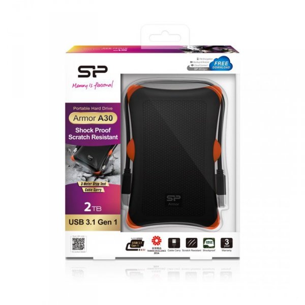 Dysk zewnętrzny HDD Silicon Power Armor A30 (2TB; 2.5&quot;; USB 3.2; 5400 obr/min; Orange-Black; SP020TBPHDA30S3K)