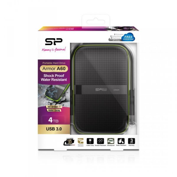 Dysk zewnętrzny HDD Silicon Power Armor A60 (4TB; 2.5&quot;; USB 3.2; 5400 obr/min; Green-Black; SP040TBPHDA60S3K)