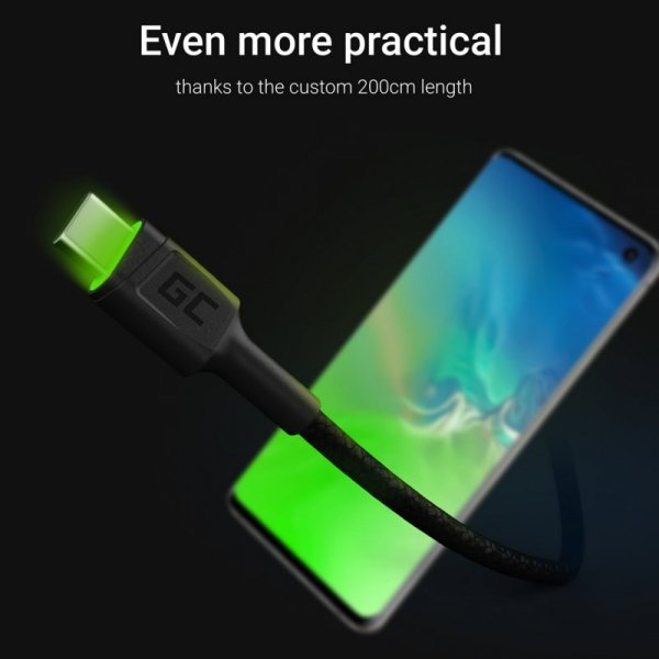 GREEN CELL KABEL KABGC13 GC RAY USB - USB-C 200CM, ZIELONY LED, SZYBKIE ŁADOWANIE ULTRA CHARGE, QC 3.0