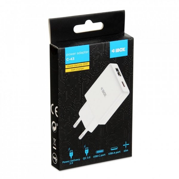 IBOX ŁADOWARKA UNIWERSALNA C-43 GAN PD30W SLIM USB A+C WHITE