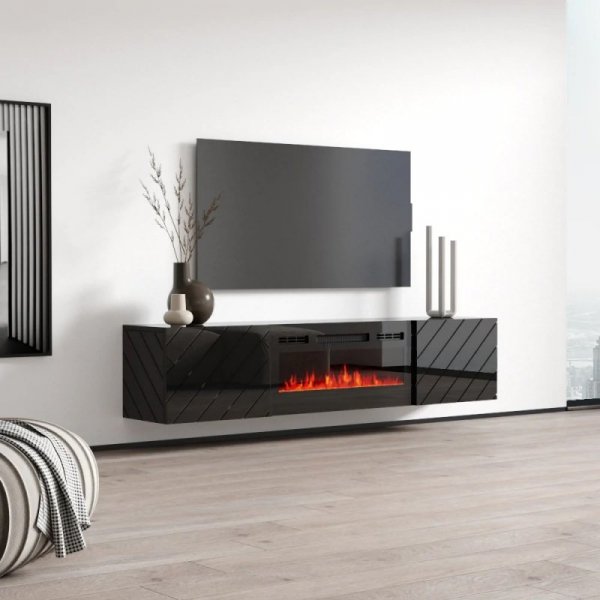 Szafka RTV LUXE 182,6x34,5x37,5 czarny/czarny połysk + czarny kominek
