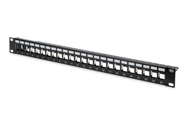 Digitus Panel krosowy (patch panel) modularny 19&quot; 24 porty pod moduły keystone, 1U, ekranowany, prowadnica kabli, pola opis