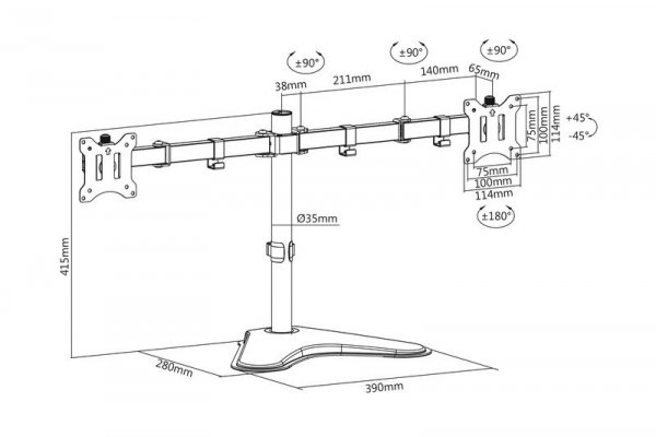 Digitus Stojak biurkowy podwójny z zaciskiem 2xLCD max. 32&quot; max. Obciążenie 2x 8kg uchylno-obrotowy czarny