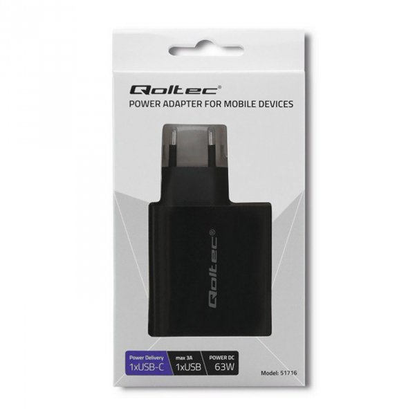 Qoltec Ładowarka sieciowa | 63W | 5-20V | 1.5-3A | USB typ C PD |       USB QC 3.0 | Czarna
