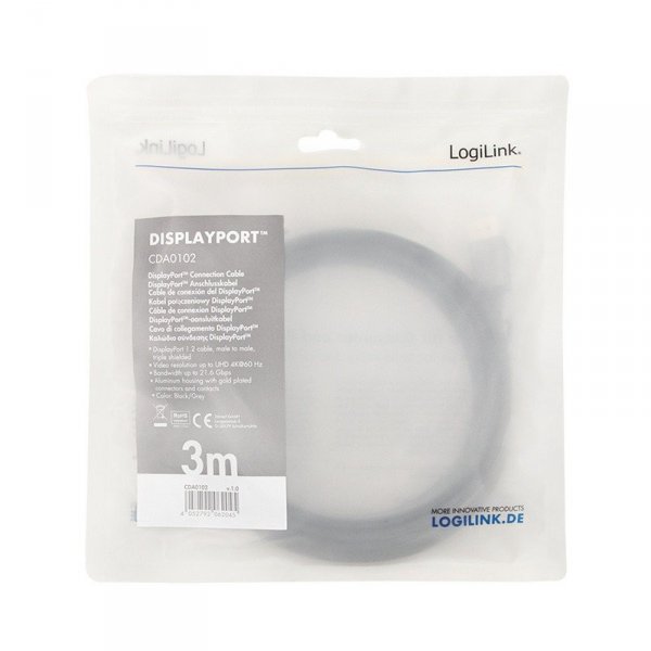LogiLink Kabel DisplayPort 4K/60 Hz,DP/M do DP/M aluminiowy 3m