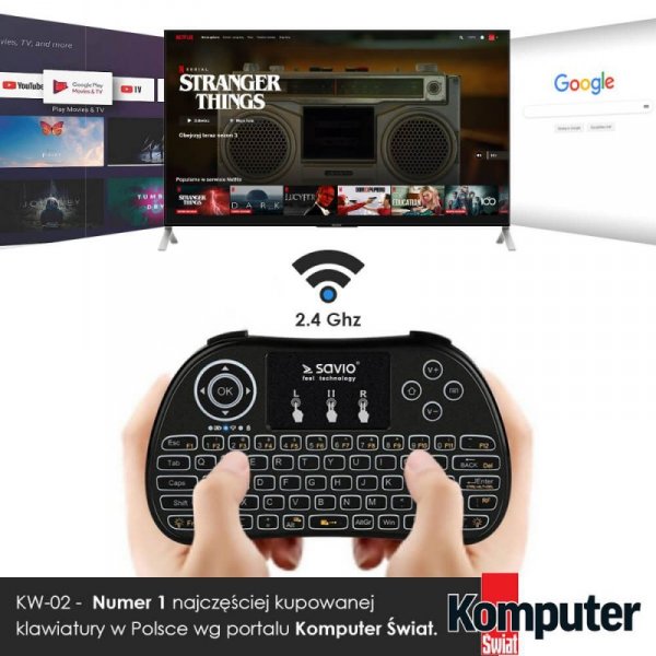 Savio Klawiatura podświetlana  bezprzewodowa TV Box, Smart TV, konsole, PC, KW-02