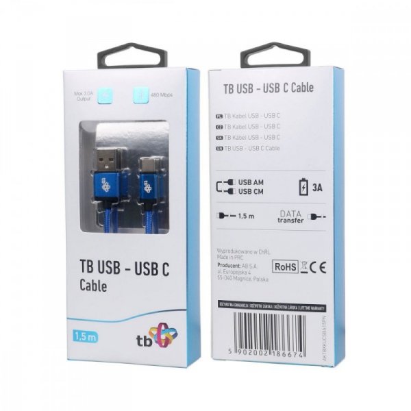 TB Kabel USB-USB C 1.5m niebieski sznurek premium