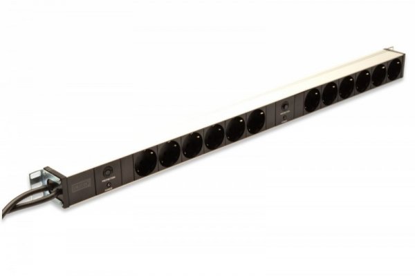 Digitus Listwa zasilająca PDU 19&quot; RACK, 12x gniazdo Schuko, 2x 2m wtyk Unischuko, 16A, zabezpieczenie przeciążeniowe, profi
