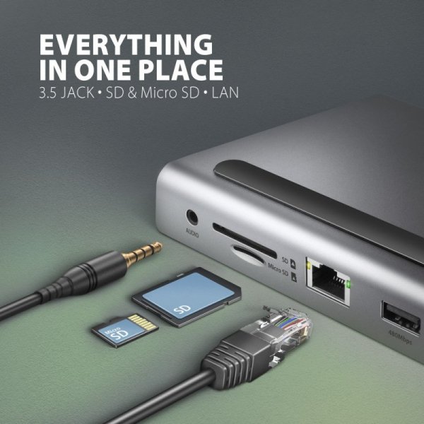 AXAGON HMC-4KX3 Wieloportowy hub USB 11in1, 5Gbps, 3x USB-A, 2x HDMI 4K/60Hz+ DP 4K/60Hz+ GLAN + SD/microSD + audio, PD 100W, 40