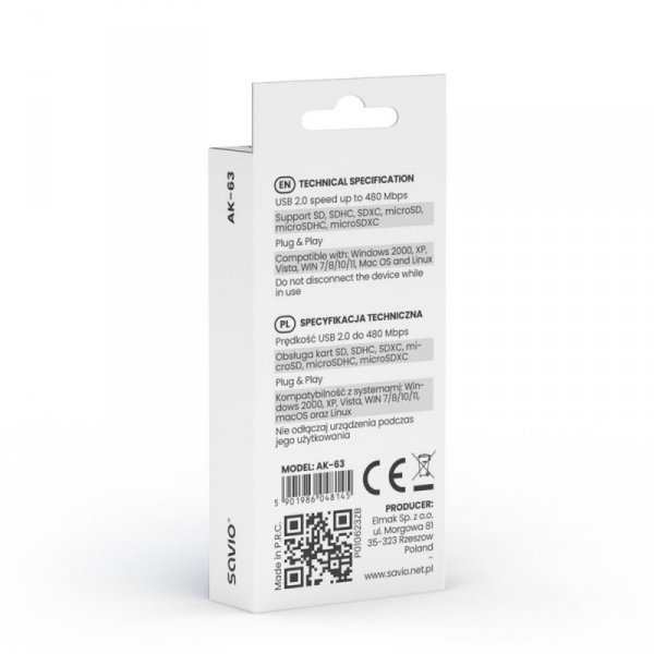 Savio Czytnik kart SD, USB 2.0, 480 Mbps, AK-63