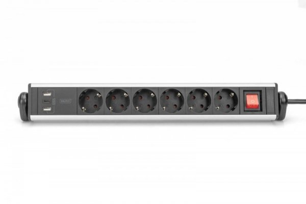 Digitus Listwa zasilająca biurowa 45° 6 gniazd, 2xUSB-A 1xUSB-C (5V/3,4A) możliwość obrotu o 180°, aluminiowa, z zaciskiem na bl