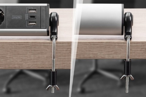 Digitus Listwa zasilająca biurowa 45° 6 gniazd, 2xUSB-A 1xUSB-C (5V/3,4A) możliwość obrotu o 180°, aluminiowa, z zaciskiem na bl