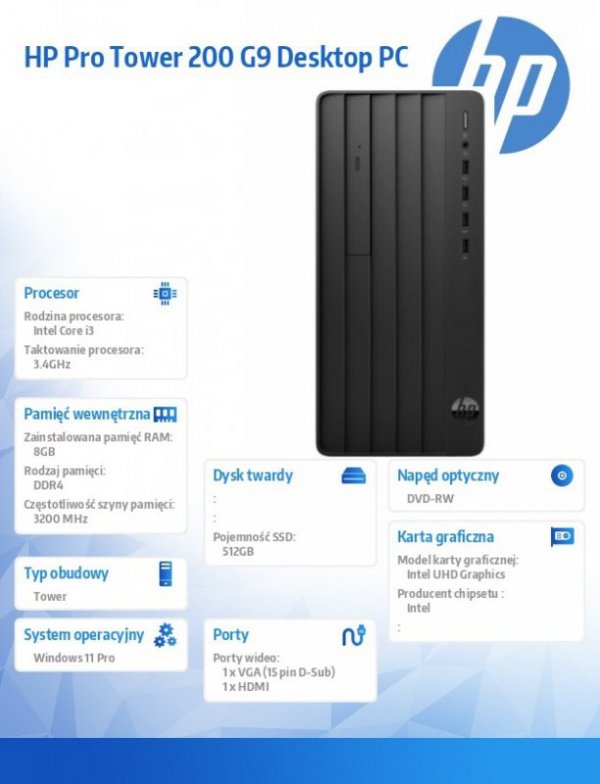 HP Inc. Komputer 290 Tower G9 i3-13100 512GB/8GB/DVD/W11P  936A4EA