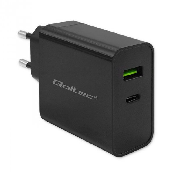 Qoltec Ładowarka Super Quick PD | 1xUSB-C | 1xUSB | 45W | 5-20V |       2.25-3A | Czarna