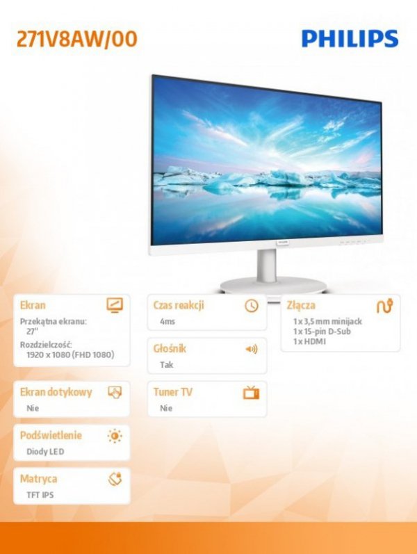 Philips Monitor 271V8AW 27 cali IPS HDMI Głośniki Biały
