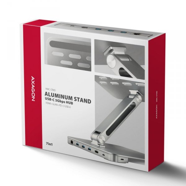 AXAGON HMC-STND Stojak z wieloportowy hub Aluminiowy 7in1, 5Gbps, do 10&quot;-16&quot; cali laptopów, nastawny, 3x USB-A, HDMI 4