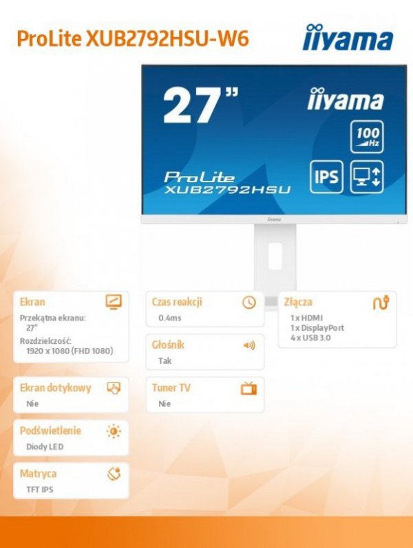 IIYAMA Monitor 27 cali ProLite XUB2792HSU-W6 IPS,HDMI,DP,100Hz,SLIM,4xUSB3.2,PIVOT,  HAS(150mm),2x2W