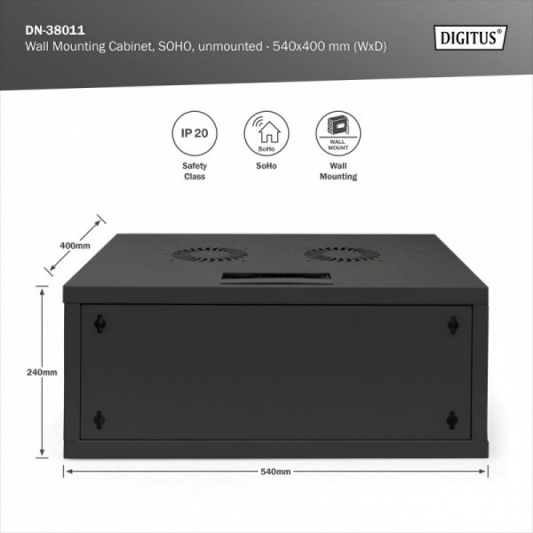 Digitus Szafa sieciowa wisząca 19&quot; 4U, SOHO 241 x 540 x 400 mm, nośność 60kg, drzwi szyba, niezłożona, Czarna