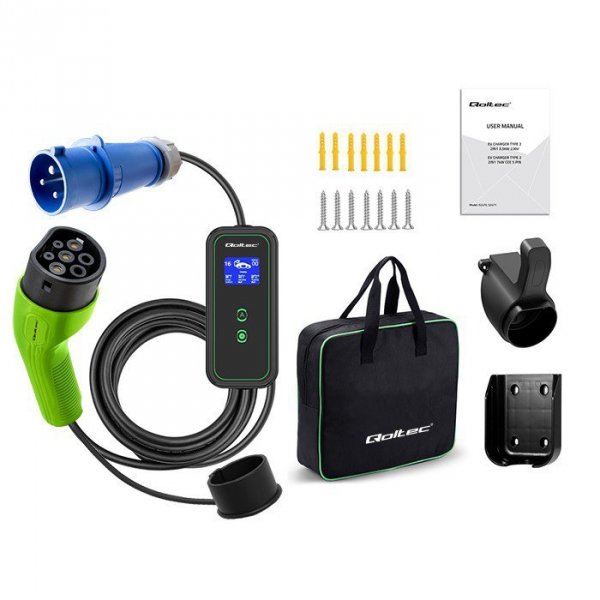 Qoltec Mobilna ładowarka do samochodu elektrycznego EV z regulacją 2w1  Typ2 | 7kW | 230V | CEE 3 PIN | WiFi | LCD | Przenosna |