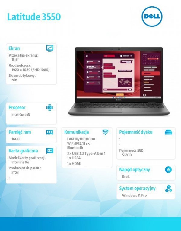 Dell Laptop Latitude 3550 Win11Pro i5-1335U/16GB/512GB SSD Gen4/15.6 FHD/Integrated/FgrPr/FHD/IR Cam/Mic/WLAN + BT/Backlit Kb/3 