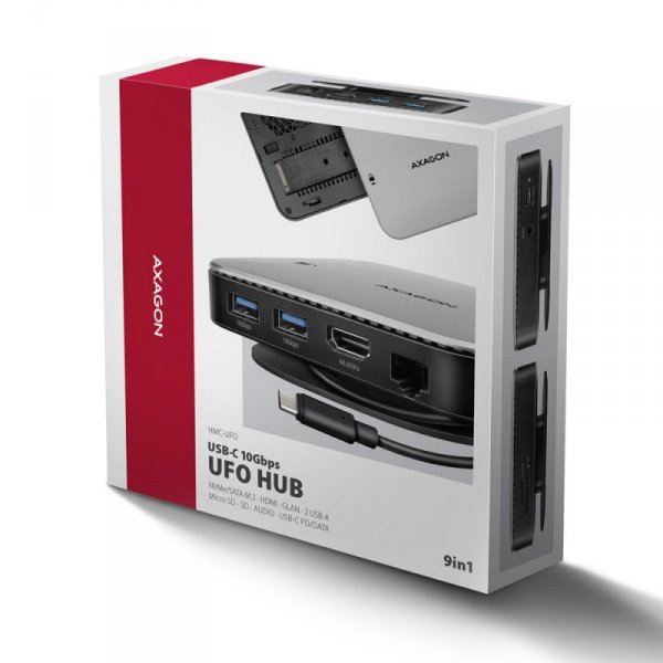 AXAGON HMC-UFO Wieloportowy hub USB 9in1, 10Gbps, 2x USB-A, HDMI 4K/60Hz, M.2 NVMe/SATA, audio, PD 100W, SD/microSD, GLAN, 65cm 