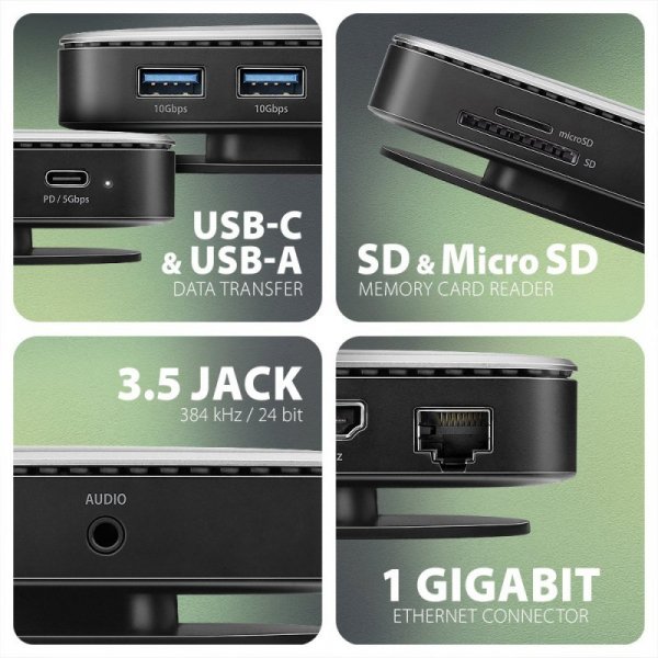 AXAGON HMC-UFO Wieloportowy hub USB 9in1, 10Gbps, 2x USB-A, HDMI 4K/60Hz, M.2 NVMe/SATA, audio, PD 100W, SD/microSD, GLAN, 65cm 