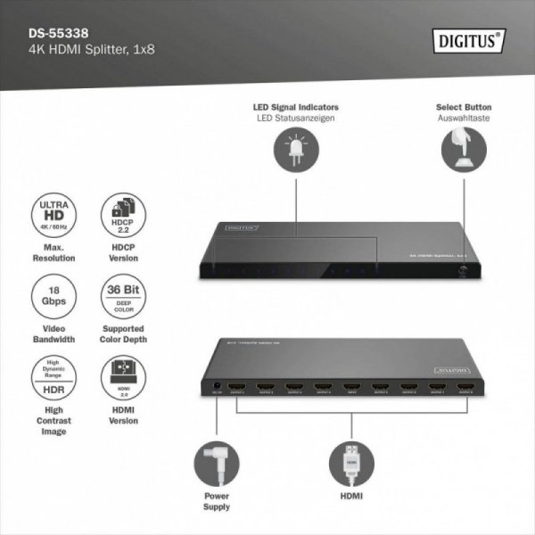 Digitus Rozdzielacz/Splitter HDMI 1x8, 4K/60Hz UHD z HDR, 18 Gbps, HDCP 2.2, EDID