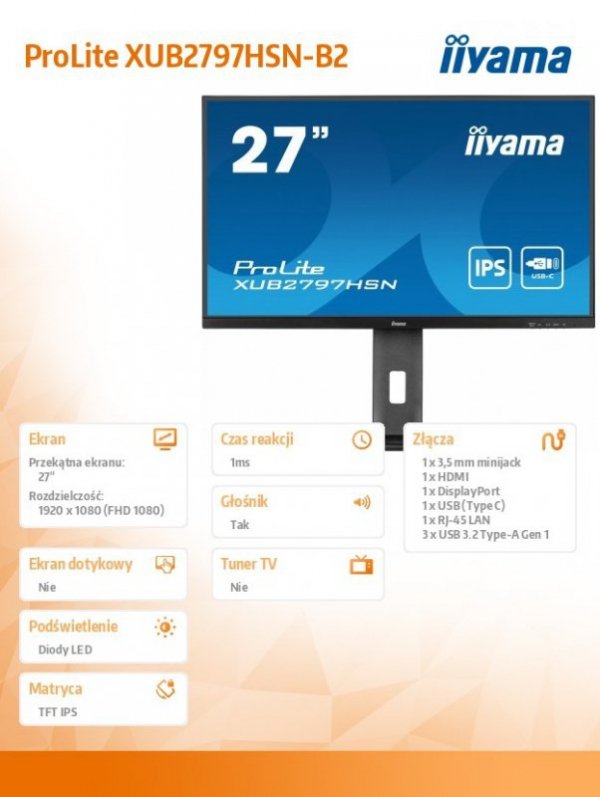 IIYAMA Monitor 27 cali XUB2797HSN-B2 IPS,FHD,USB-C Dock,HAS,300cd /5y/