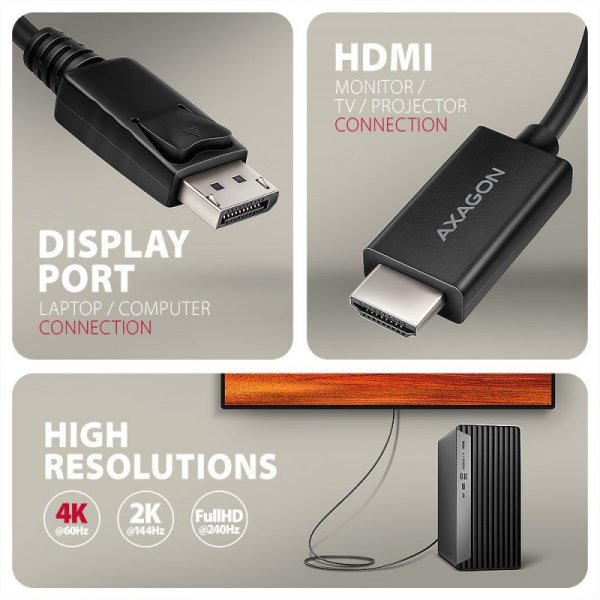 AXAGON RVD-HI20C2 Adapter aktywny DisplayPort -&gt; HDMI 1.4, 4K/60Hz, kabel 1,8m