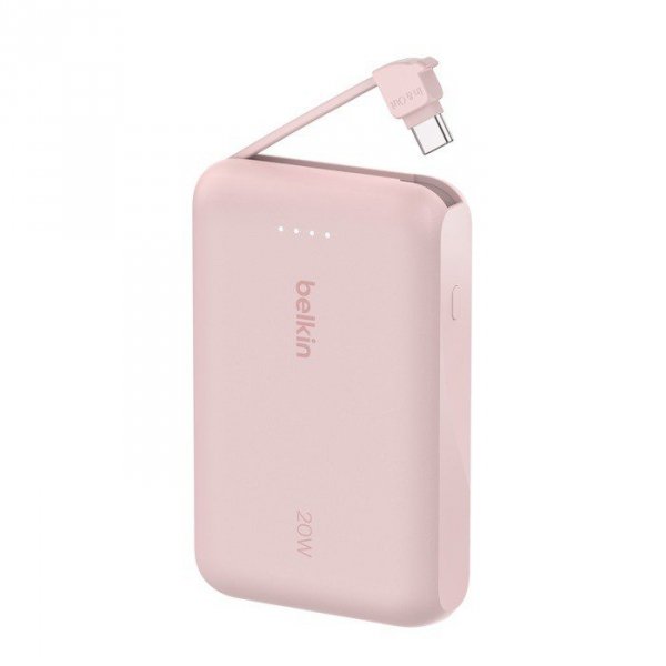Belkin PowerBank BoostCharge 10k mAh 20w wbudowany kabel-C, port-C, różowy