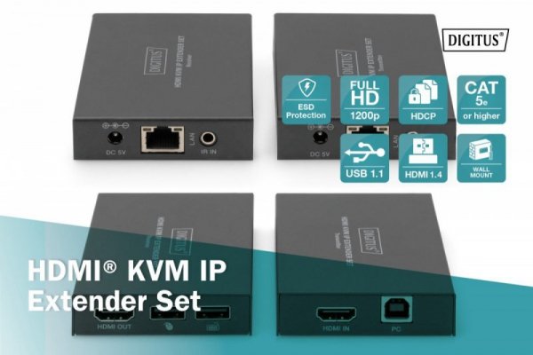 Digitus Przedłużacz / Extender KVM HDMI+USB 150m po kat.5e UTP/IP 1080p FHD 60Hz audio (zestaw)