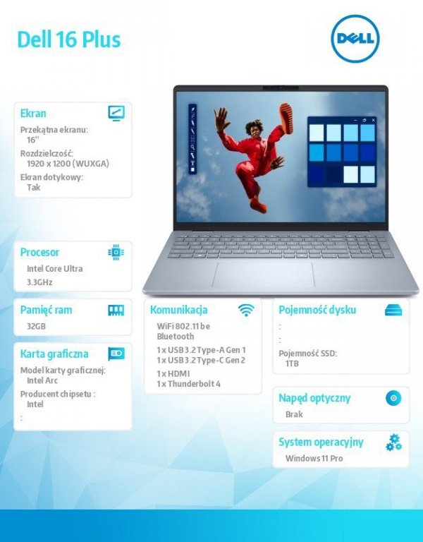 Dell Notebook Dell 16 Plus DB16250 Win11Pro Ultra 9 288V/32GB/1TB/16.0 FHD+ Touch/Arc/FgrPr/WLAN + BT/Backlit Kb/4 Cell/3Y ProSu