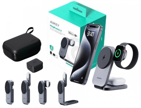 AUKEY LC-MC312 Slim 3w1 ładowarka bezprzewodowa MagSafe Qi2 15W  + ładowarka PD 30W + Etui