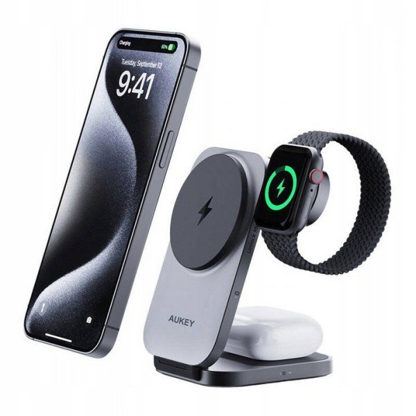 AUKEY LC-MC312 Slim 3w1 ładowarka bezprzewodowa MagSafe Qi2 15W  + ładowarka PD 30W + Etui