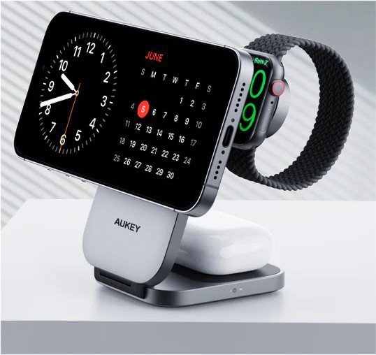 AUKEY LC-MC312 Slim 3w1 ładowarka bezprzewodowa MagSafe Qi2 15W  + ładowarka PD 30W + Etui
