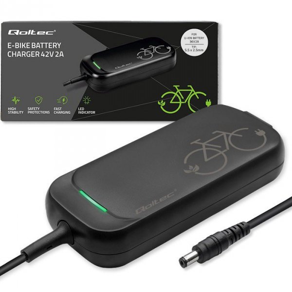 Qoltec Ładowarka do roweru skutera elektrycznego 36V | 42V | 2A | 5.5*2.5 + wodoodporna + kabel zasilający