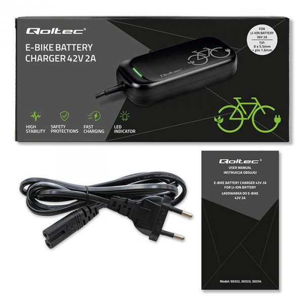 Qoltec Ładowarka do roweru skutera elektrycznego XIAOMI 36V | 42V | 2A |8.0*.8.0mm+pin | wodoodporna + kabel zasilający