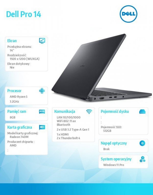 Dell Laptop Dell Pro 14 PC14255/AMD Ryzen 5 220/8GB/512GB SSD/14.0 FHD+/Radeon 740M/FgrPr/FHD/IR Cam/Mic/WLAN + BT/Backlit Kb/3 
