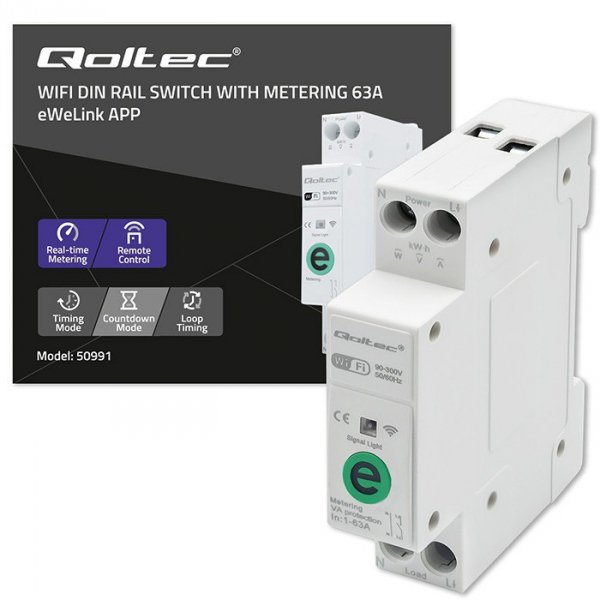 Qoltec Przekaźnik 63A na szynę DIN z licznikiem energii elektrycznej |  eWeLink od Sonoff | Wi-Fi | Dioda LED